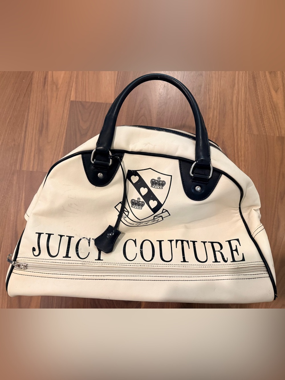 Vintage 2000s Juicy Couture Cream and Black bowler duffle Weekender Bag